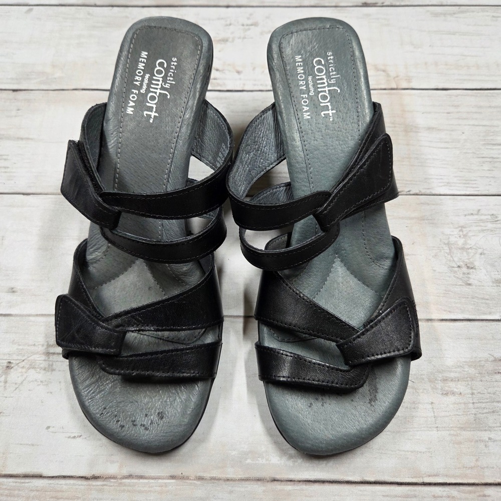 Strictly Comfort Sandals Womens 8M Black Memory Foam Leather Block Heel 028-6053